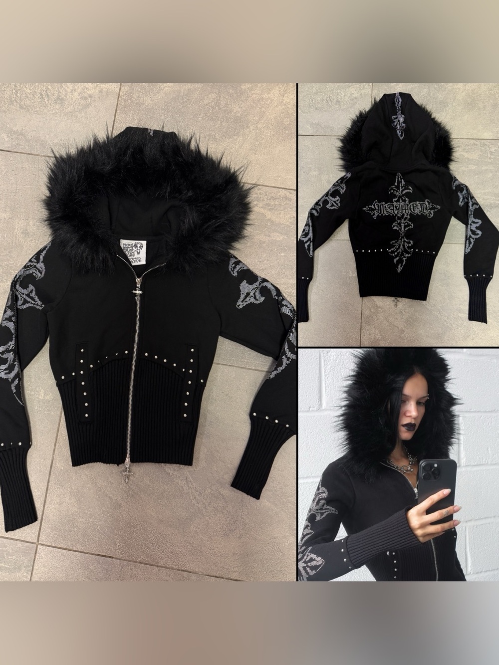 Named Collective Feral Faux Fur Fitted Zip Hoodie Black Detachable Fur Studs XS